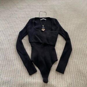 Abercrombie & Fitch Office Siren Whimsy Black Knit Wrap Long Sleeve Bodysuit XS